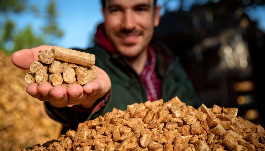 Hombre sosteniendo pellet de biomasa