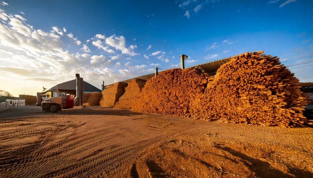 Montones de astillas de madera apiladas en un aserradero, listas para ser utilizadas como biomasa en procesos industriales o calefacción.