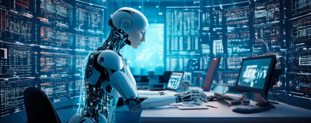Humanoid robot at a workstation, immersed in machine learning and data analysis in a high-tech environment.